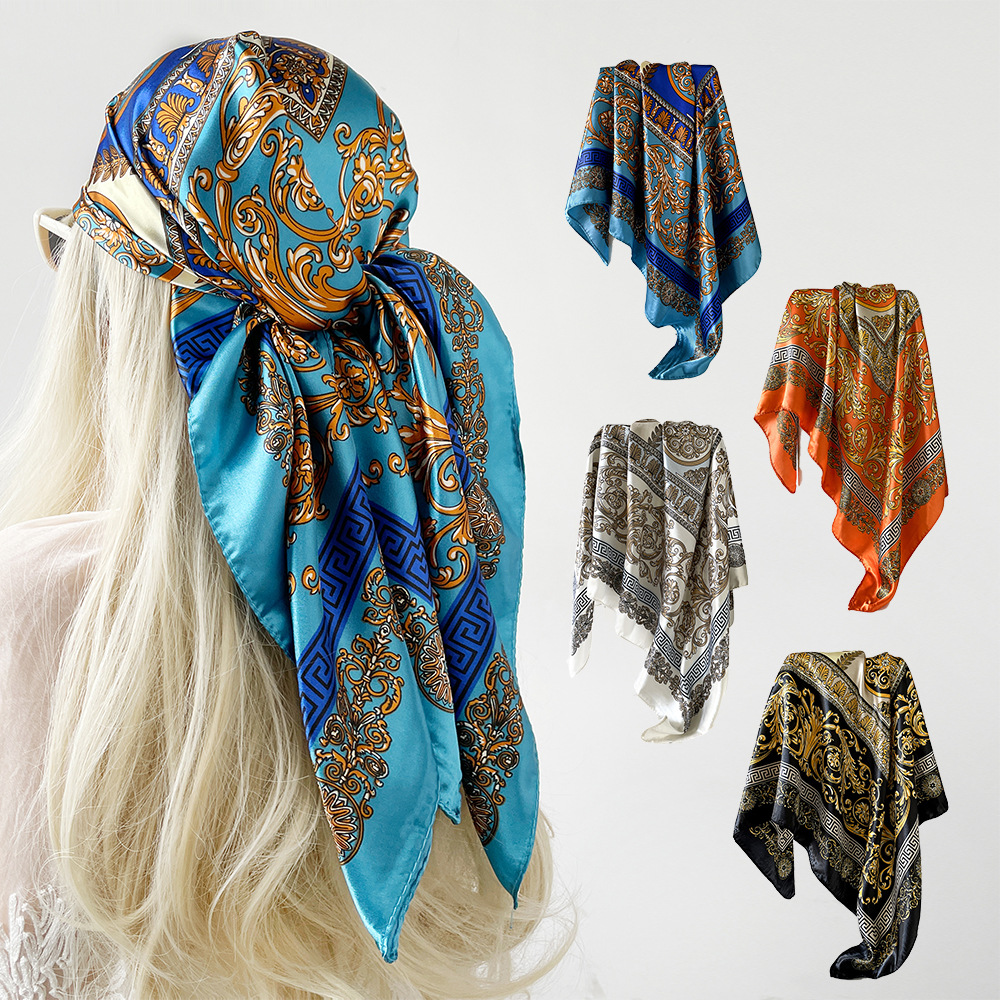 Women's Large Square Silk Scarf 90x90cm Retro Style New Print Middle Eastern Satin Headscarf_voghion.com