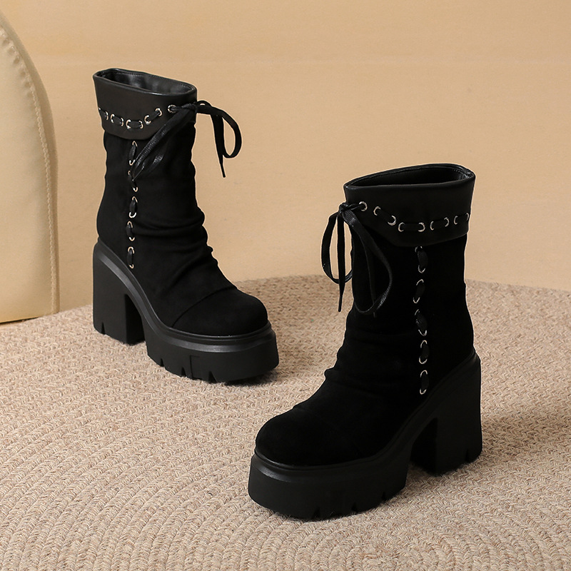 Boot nữ da lộn mũi tròn gót 12 cm dây buộc phong cách retro — nhung đen