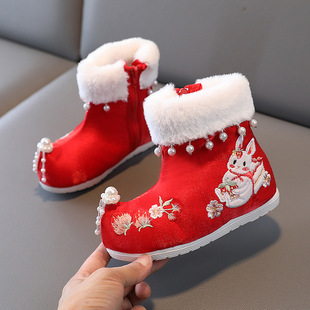 New Cake Rabbit Embroidered Pearl Children's Embroidered Shoes Girls Hanfu Boots Winter Chinese Style Tang Suit New Year's Cotton Boots