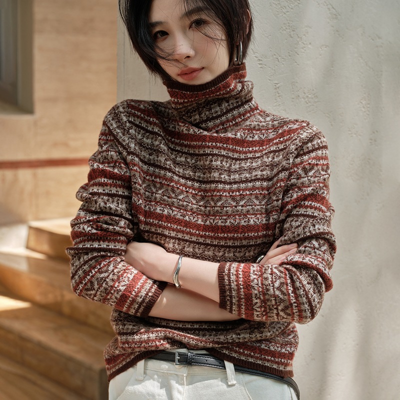 100%纯山羊绒女士堆堆领复古提花宽松休闲百搭针织衫秋冬新款打底