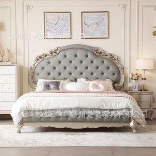 Luxurious French-Style Master Bedroom King-Size Bed with a High-End Feel, Solid Wood 1.8m Double American Light Luxury Modern Princess Bed, Genuine Leather Wedding Bed