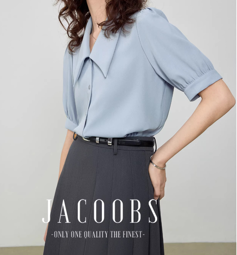 Áo sơ mi nữ cổ nhọn tay ngắn chất liệu chiffon phong cách Pháp — màu đen, xanh lam, màu trắng chi tiết 5