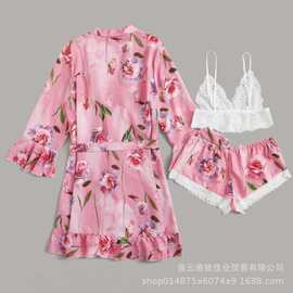 跨境睡衣仿真丝家居服女士内衣睡裙ebay货源欧美的厂家印花三件套