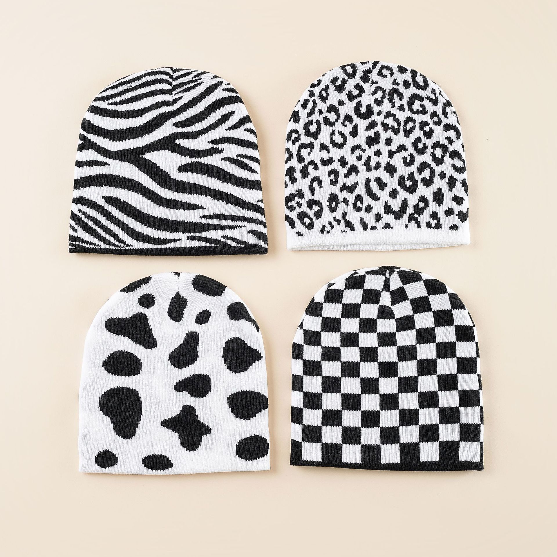 Sombrero de lana con estampado de leopardo Corea del Sur ins Punto de la calle estilo de ajedrez inconformista hip hop color blanco y negro a juego sombrero frío Yupi toe cap