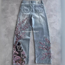 跨境y2k美式复古重工花朵刺绣阔腿牛仔裤男女高街高腰街头长裤ins