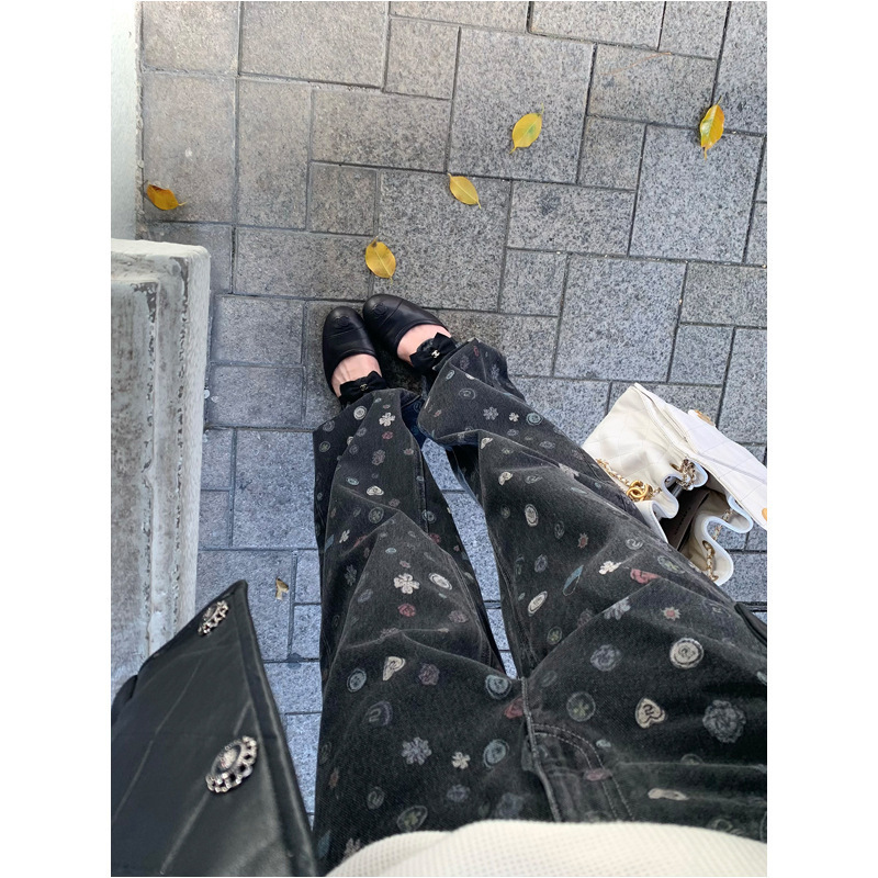 Good Morning Fan Fan "Full of Details! 25B Dark Pattern All-Over Printed Jeans" Straight Slim Regular/Brushed Trousers