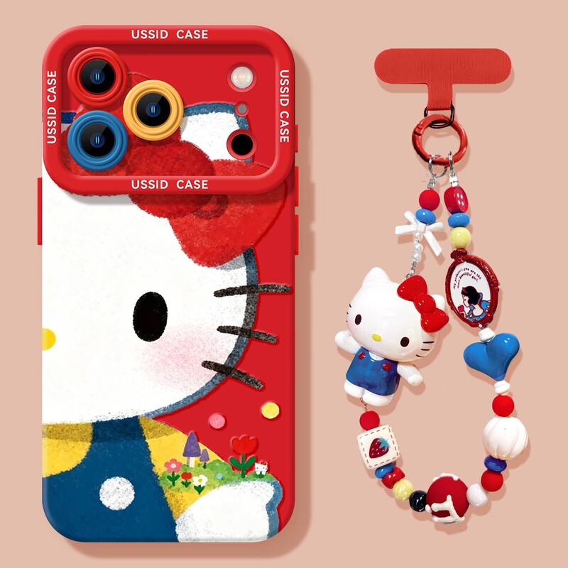 New Year Big Face Cat Case for Apple 17Pm with Red Strap, 16Pro for Girls, 15 Silicone Soft High-Value Phone Case