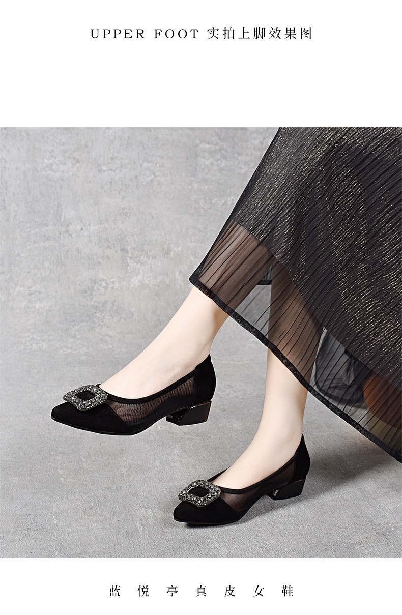 Sandal nữ hở mũi gót thấp 3 cm, chất da thật, quai lưới thoáng khí — Màu đen - 3cm
