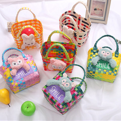 手提彩色菜籃子包女手工編織包包卡通可愛夏天海邊沙灘小包收納