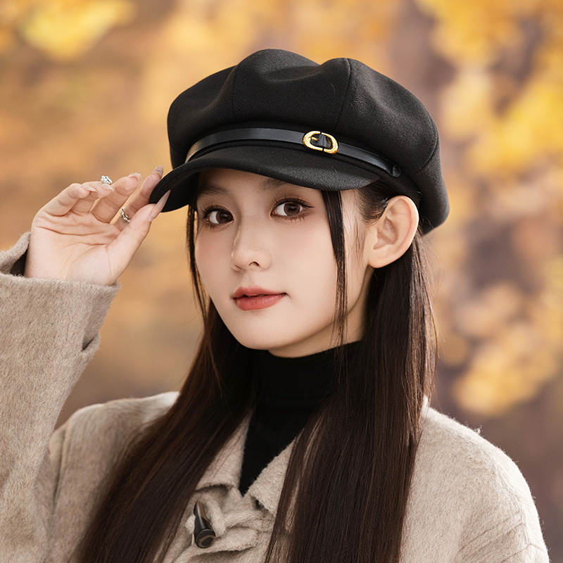 新款显脸小平顶鸭舌帽英伦风秋冬女士鸭舌帽八角帽女贝雷报童帽子|undefined