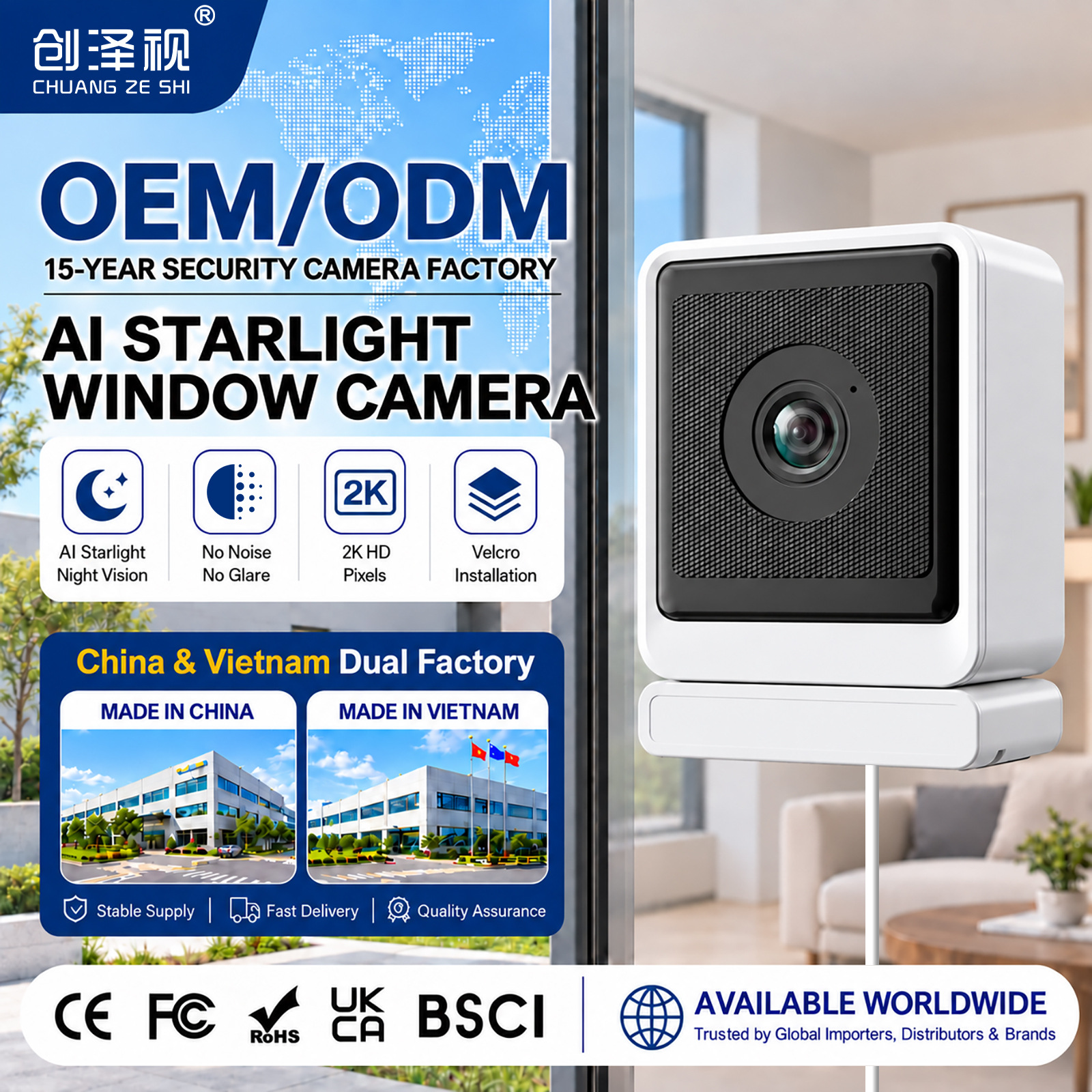 Cámara de Seguridad para Ventana 2K WiFi de Plástico ABS con Visión Nocturna a Todo Color para Interiores