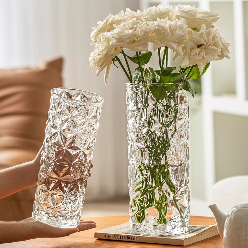 Light Luxury Glacier Pattern Glass Vase Transparent Thickened Creative Large Living Room Rich Bamboo Flowers Dining Table Decoration