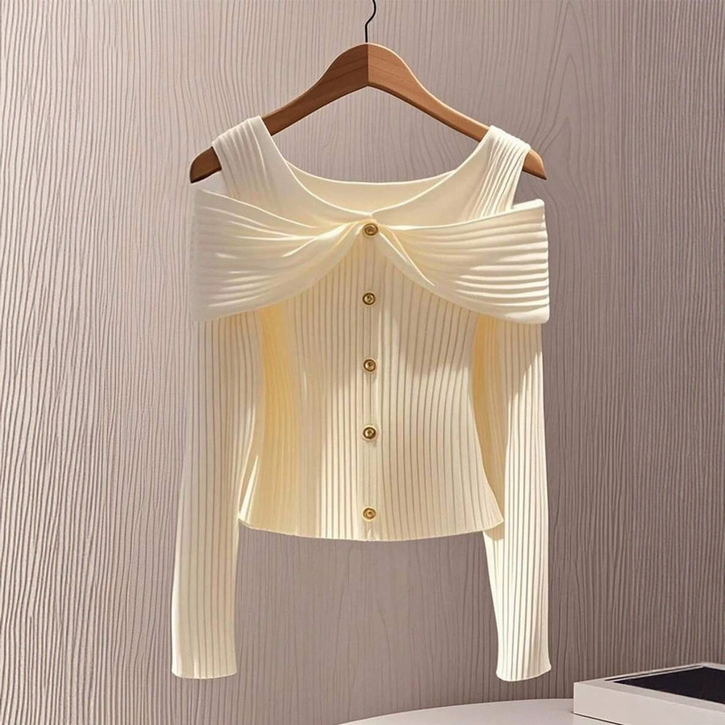 Wc8128X Aliexpress Amazon Cross-Border European and American Women's Solid Color Button Design Off-Shoulder Long-Sleeve Ribbed T-Shirt Wc8128X Aliexpress Amazon Cross-Border European and American Women's Solid Color Button Design Off-Shoulder Long-Sleeve Ribbed T-Shirt