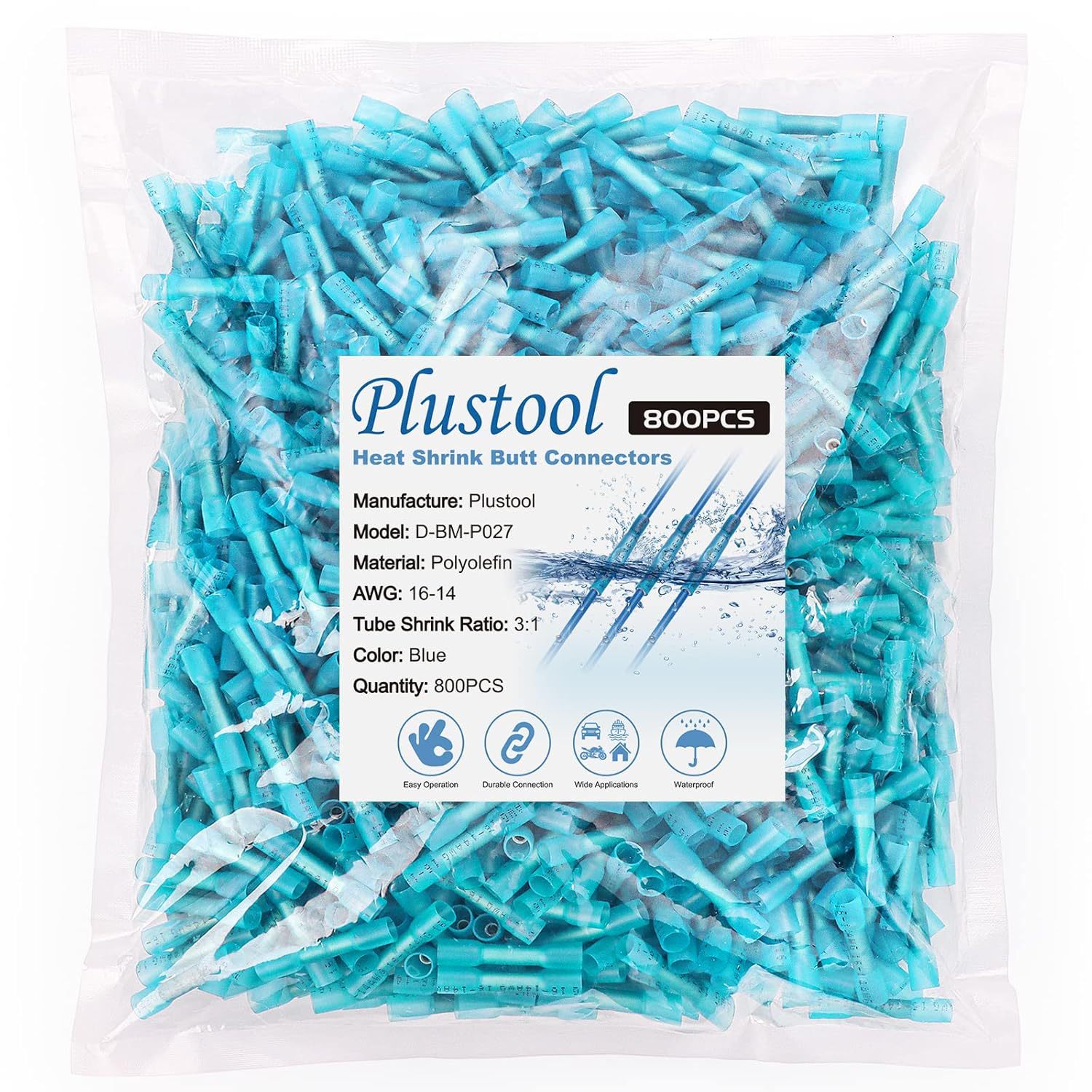 800PCS 蓝色热收缩对接连接器 AWG16-14,Plustool 船用级电线连接