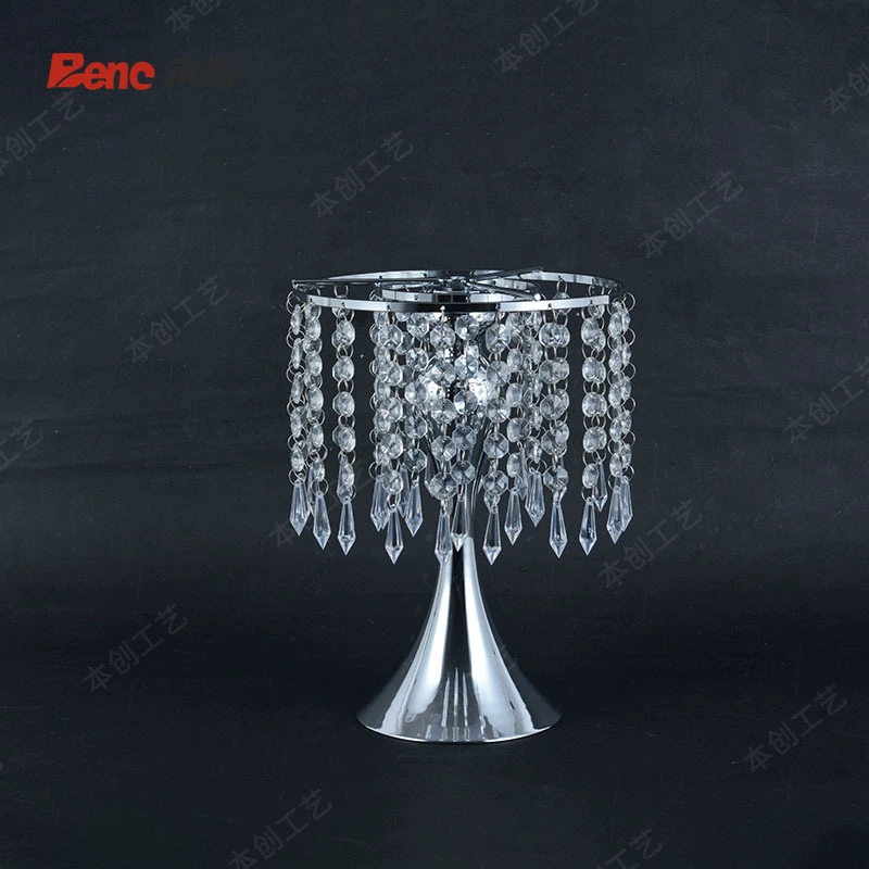 Table centerpiece stand 8360-1 — iron frame with crystal bead chains, chromine or golden, 20×H28–55 cm