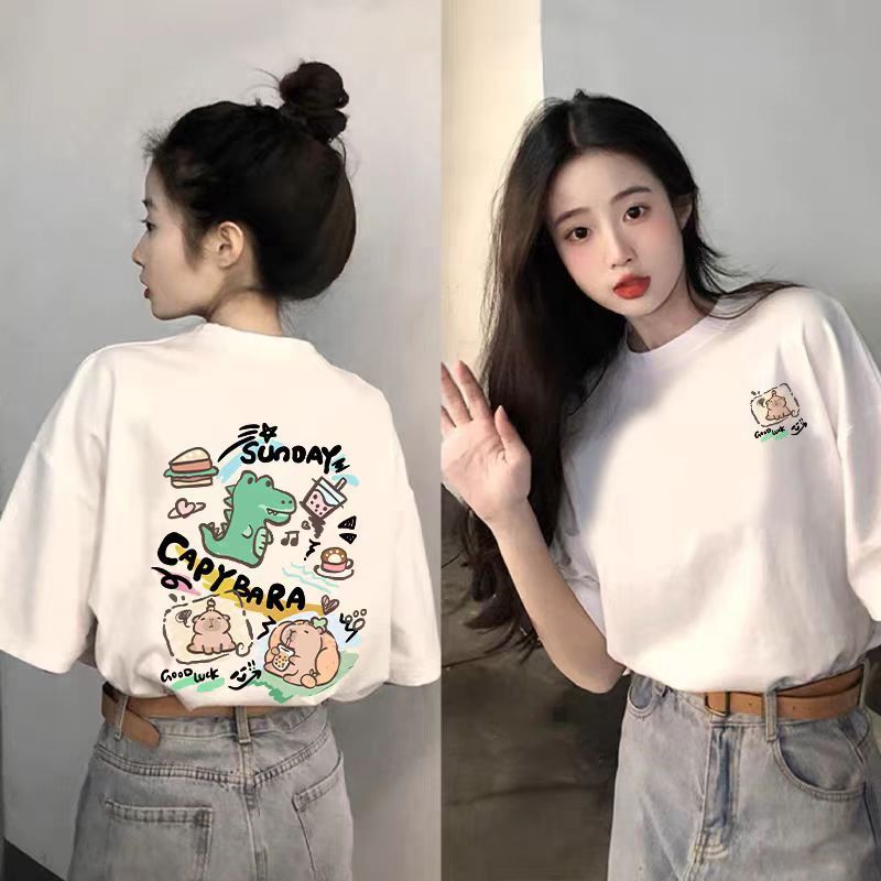 カピバラ Tシャツ レディース ホワイト 半袖 ピュアコットン 2025 新作 人気 夏 ゆったり 大きいサイズ トップス Tシャツ トレンド|undefined