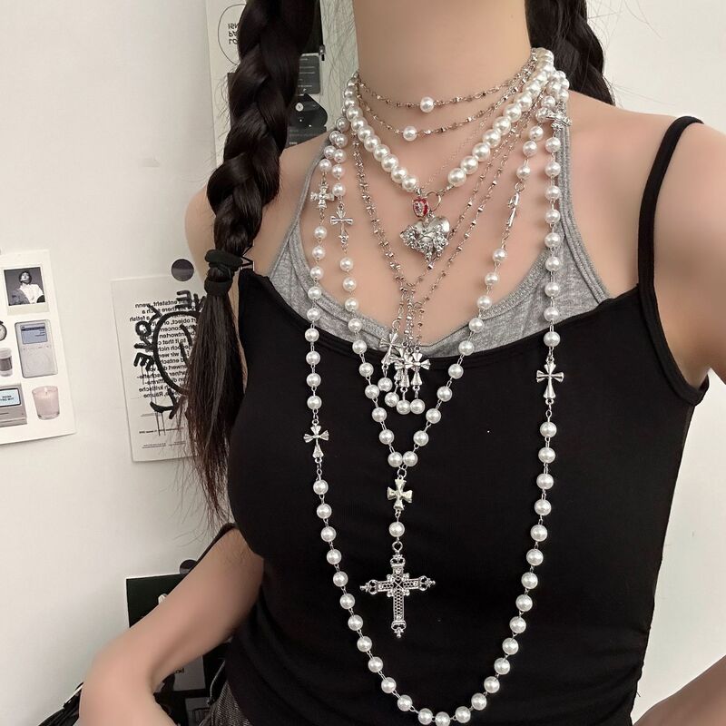 重工多层叠戴十字架珍珠项链女小众轻奢高级感choker锁骨链毛衣链|undefined