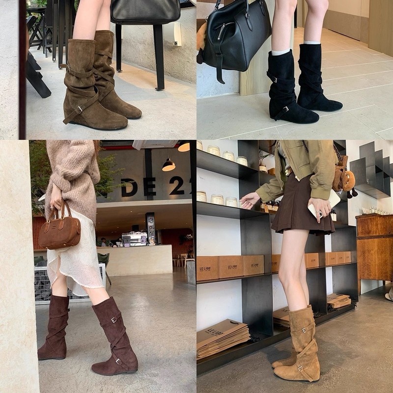 牛皮~坡跟增高6cm真皮靴子西部靴女褶皱堆堆靴中筒扣带显瘦骑士靴|undefined