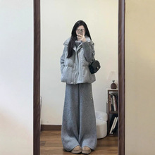 韩系三件套保暖慵懒感无袖面包服外套马甲女秋冬+开衫毛衣+阔腿裤