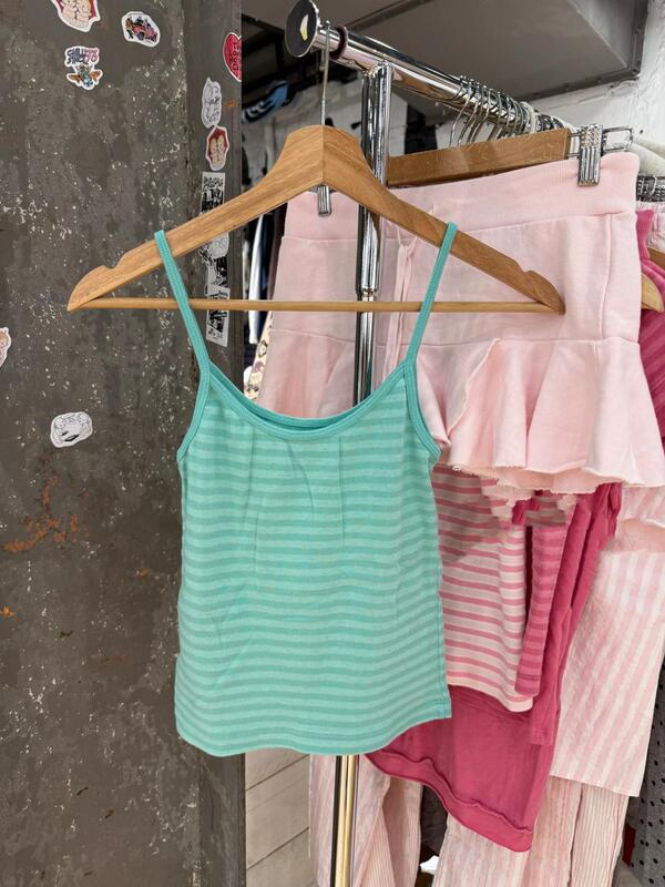Bm Style Sweet and Spicy Girl Mint Green Striped Camisole Women's Bm Summer New Slim Fit Short Outerwear Top