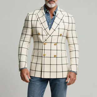 Cross-Border European and American Autumn and Winter New Men's Plaid Business Suit Jacket Slim Casual Suit Top Men's Clothing
