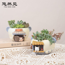 创意礼物卡通景观可爱萌趣动物儿童桌面装饰笔筒摆件树脂多肉花盆