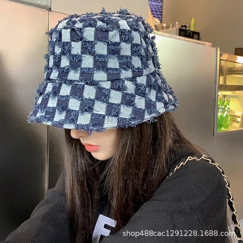 棋盤格大檐露營漁夫帽戶外遮陽帽時尚西部牛仔帽女春夏毛邊騎士帽
