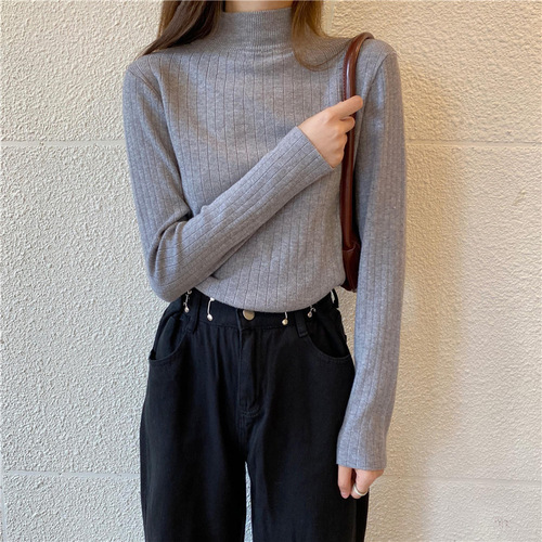 New autumn design, niche, half-high collar, pit strip, long-sleeved shirt, women's elastic slimming knitted base shirt