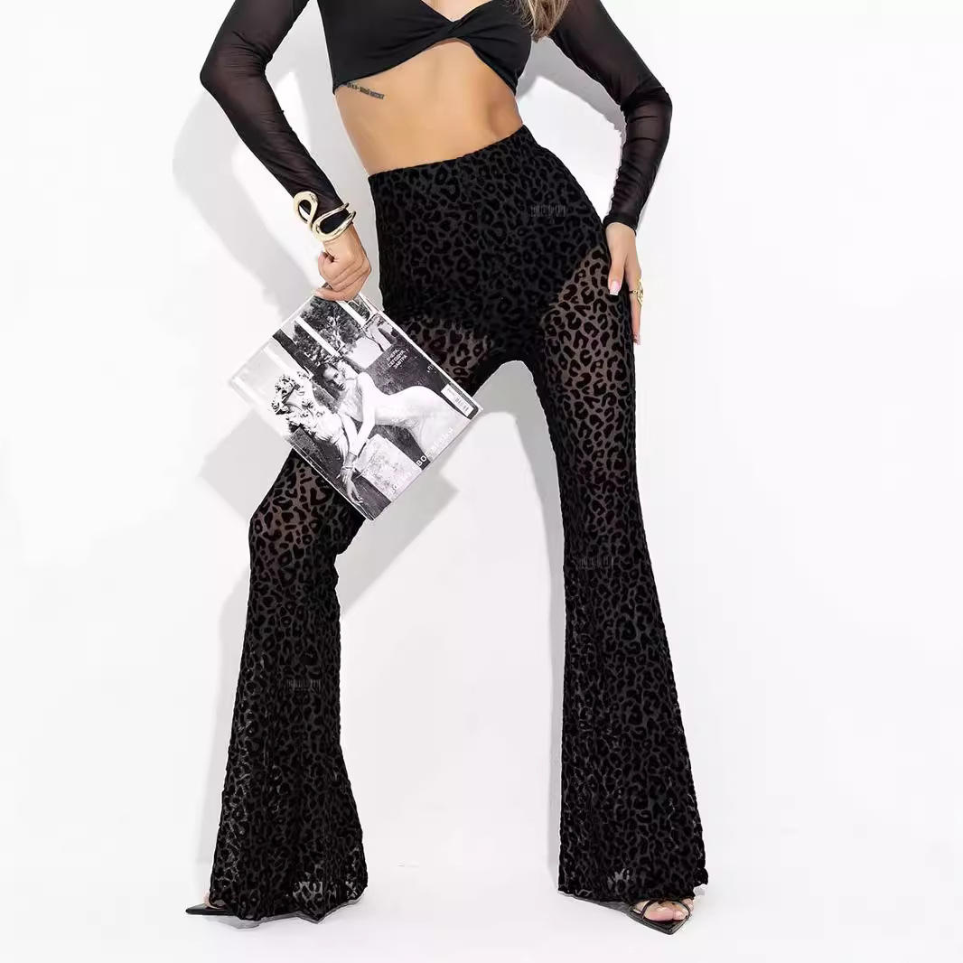 European and American Style Cross-border Independent Station Women's Clothing Explosions Sexy Mesh Flocking High Waist Leg Long Micro-la Casual Trousers