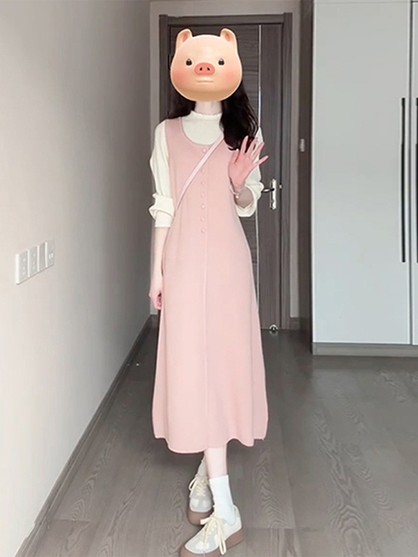 背心连衣裙子女早秋韩系穿搭粉色甜美春秋2025新款针织长裙两件套|undefined