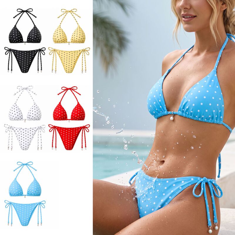 Zeriluna Polka Dot Halter Neck Tie Bikini Vintage French Style Sexy Beach Vacation Swimwear Zeriluna Polka Dot Halter Neck Tie Bikini Vintage French Style Sexy Beach Vacation Swimwear
