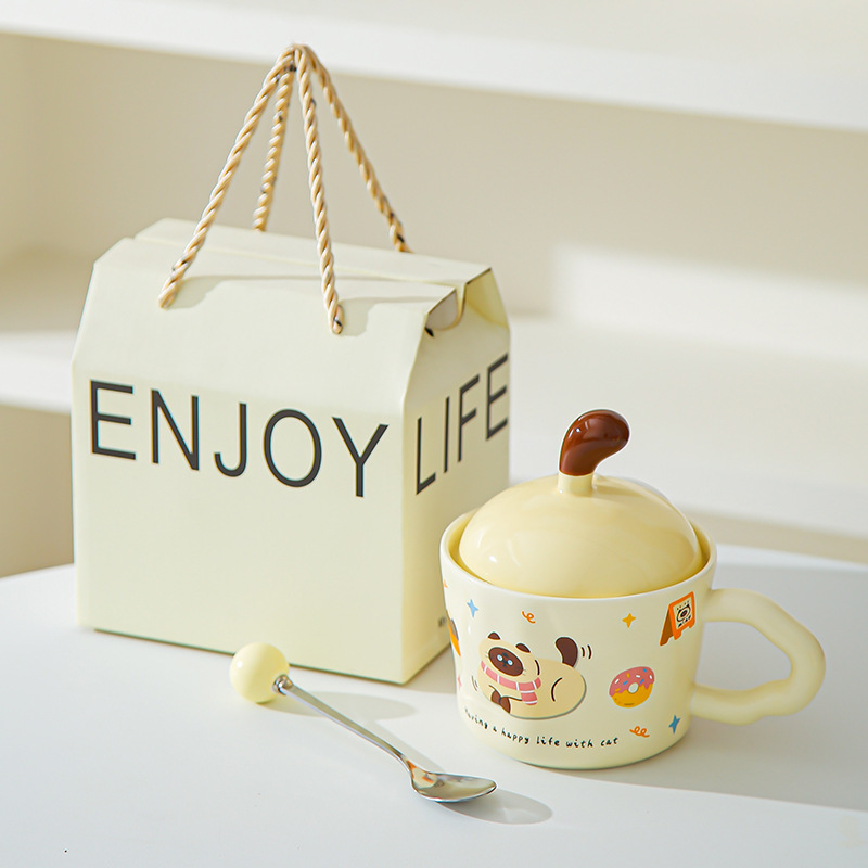 Divertido gato de dibujos animados tazas con cubierta de oficina adorable ins tazas de cerámica tazas de regalo creativas personales