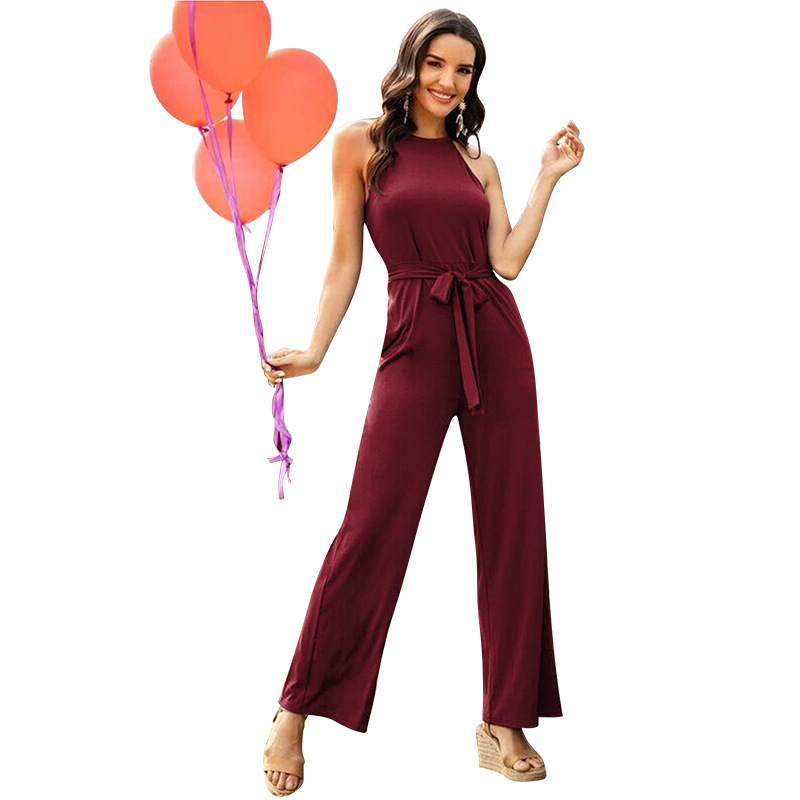 sleeveless solid color straight lace-up jumpsuit NSMAN53260