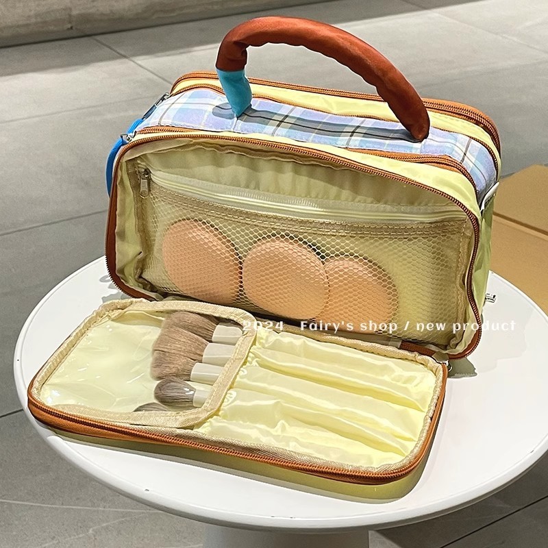 チェック柄のコントラストカラーの大容量収納化粧品バッグ新しいハイエンドポータブルポータブルトラベルトイレタリー収納バッグ|undefined