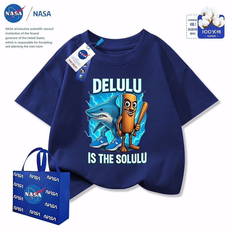 NASA 抽象木根兄弟とサメ外国山海経男の子純綿中大型子供用半袖トップス服|undefined