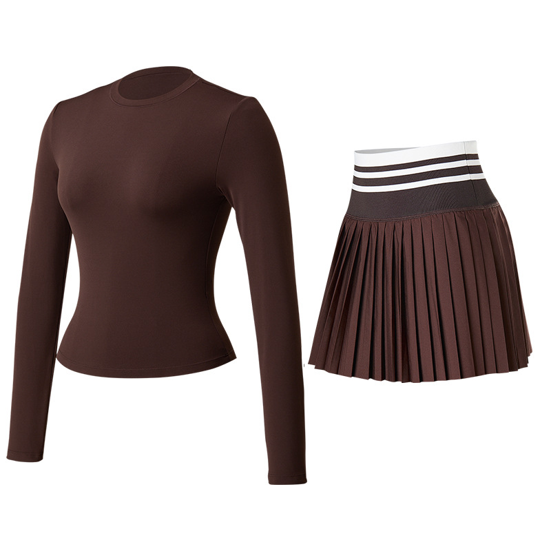 Trajes deportivos, trajes de yoga cortos, mangas largas, falda de tenis elástica, secado rápido, delgado, abdomen cerrado, conjunto de camisas de ejercicio.