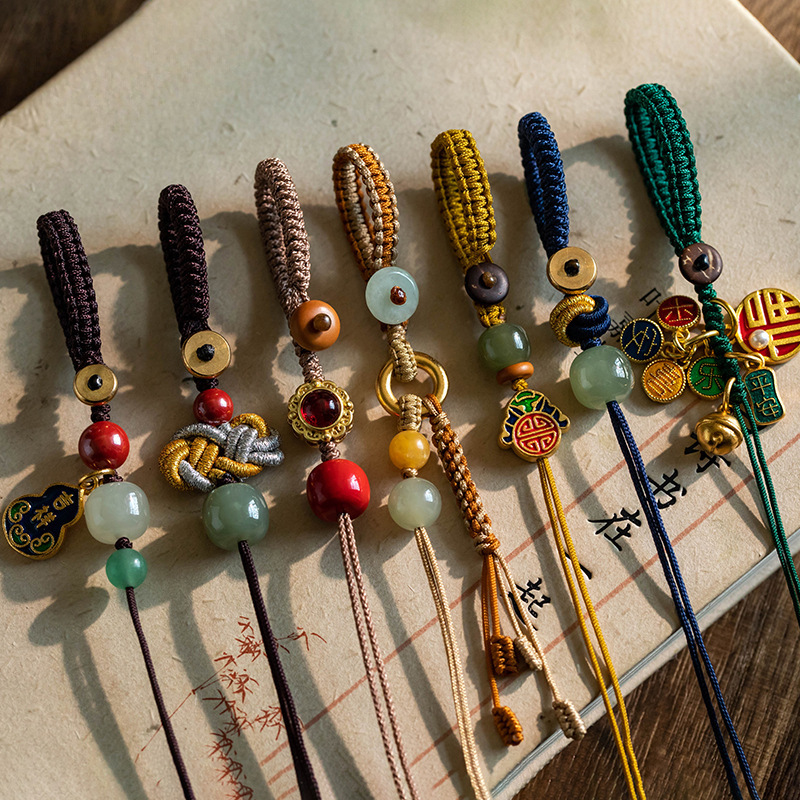 High-End Hetian Jade Car Keychain Lanyard Mobile Phone Chain Rope Key Chain Pendant for Men and Women