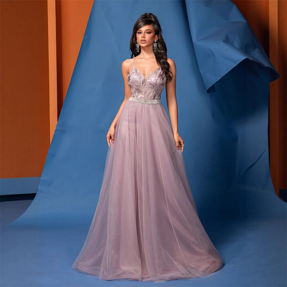 Gorgeous Spaghetti Strap V-Neck Sequin Pink Bridesmaid Dress Elegant A-Line Backless Beaded Mesh Formal Evening Gown