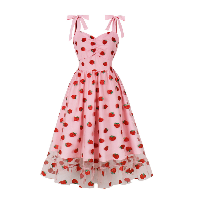 European and American Cross-Border Women's Clothing Christmas Hepburn Style Strawberry Print Mesh Tube Top Tutu Skirt Suspender Dress 7032