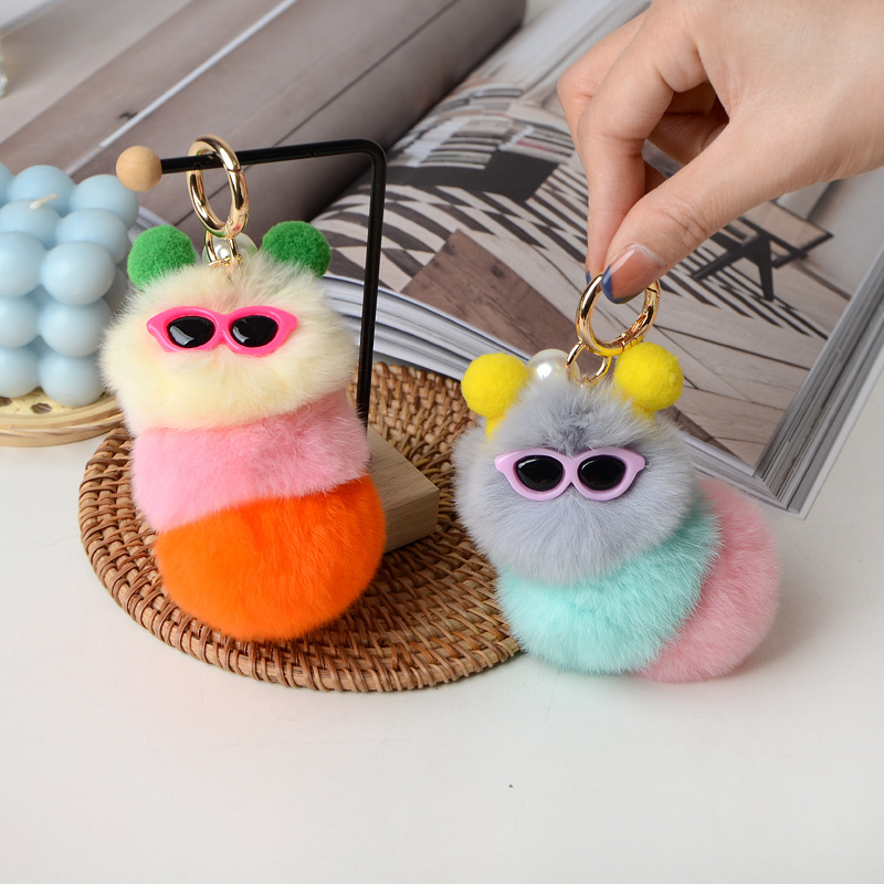 South Korea Simulation Rex Rabbit Hair Ugly Cute Cute Internet Popular Caterpillar Bag Pendant Car Keychain Hanging Jewelry Doll