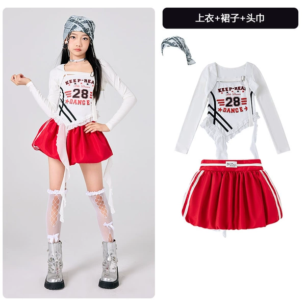 J504 white lotus leaf suspender + white shawl + J509 red flower bud skirt + letter headscarf