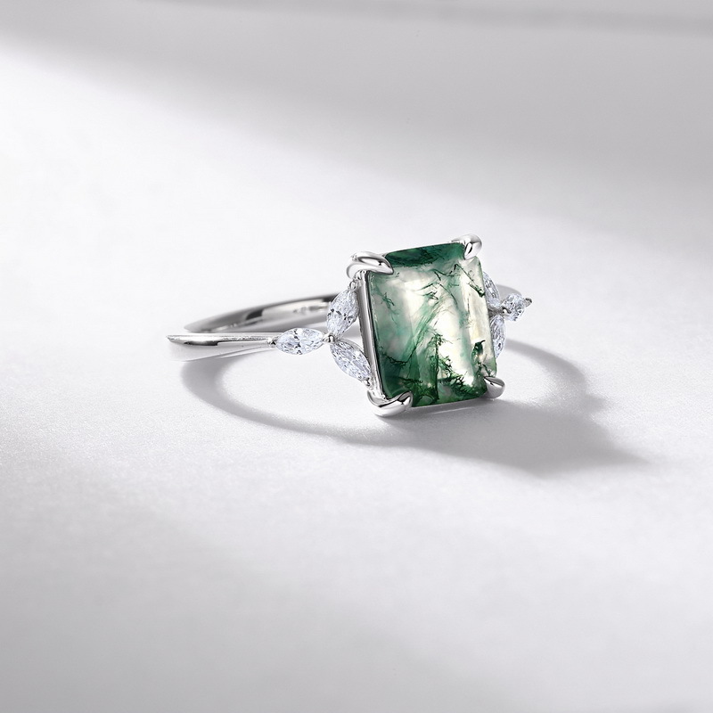 Anillo de ágata de hierba de agua natural geométrica transfronteriza europea y americana S925 Anillo de dedo de musgo verde plateado Personalización simple y atmosférica