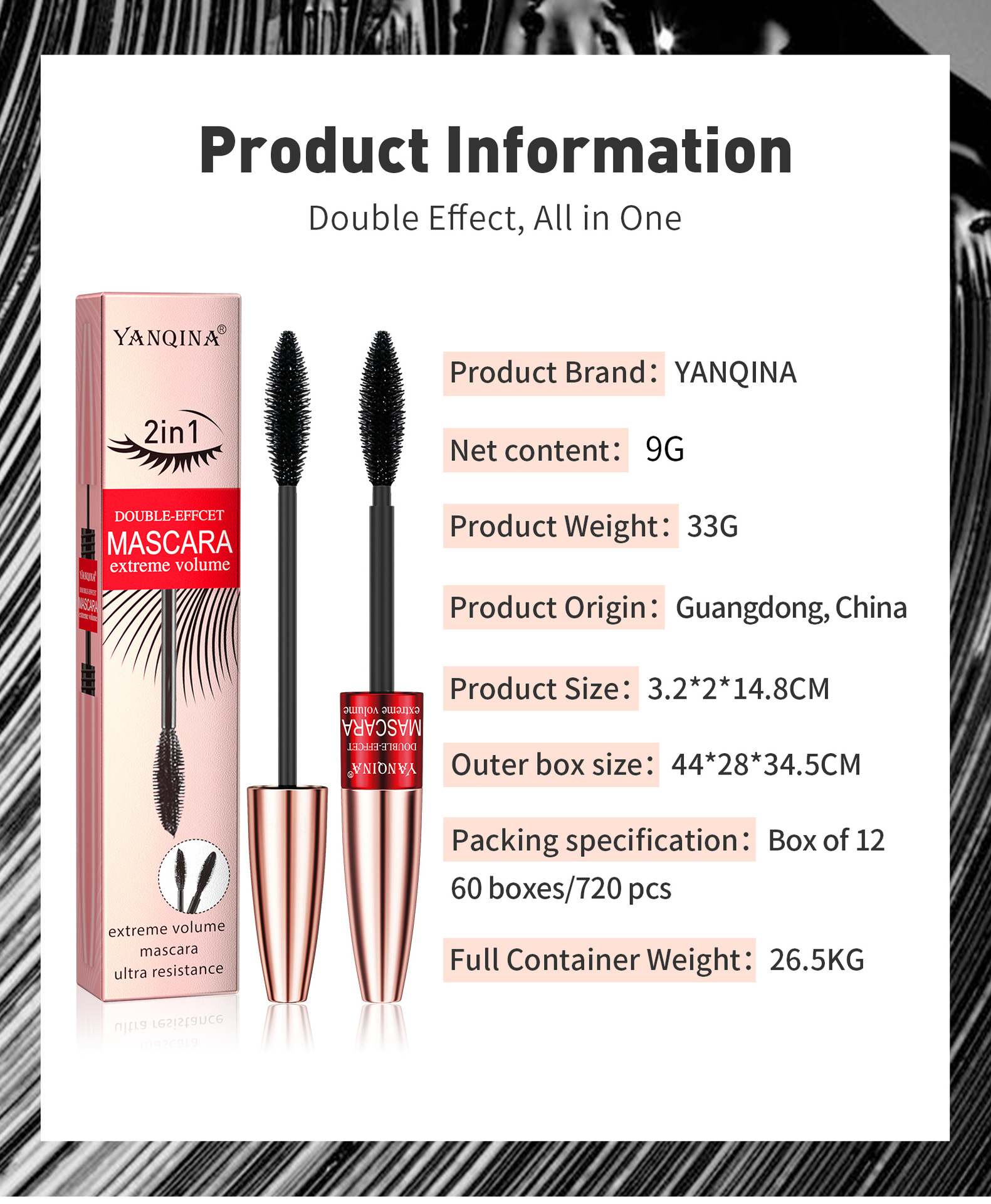 YANQINA Yanqina Dual-Effect Two-in-One Long Mascara is waterproof, naturally thick, curling and does not smudge makeup Specification drawing