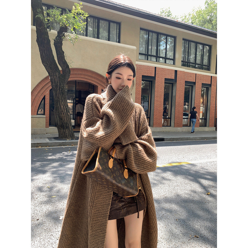 中长款毛衣开衫外套女秋冬宽松慵懒风外穿设计感小众领针织上衣|undefined