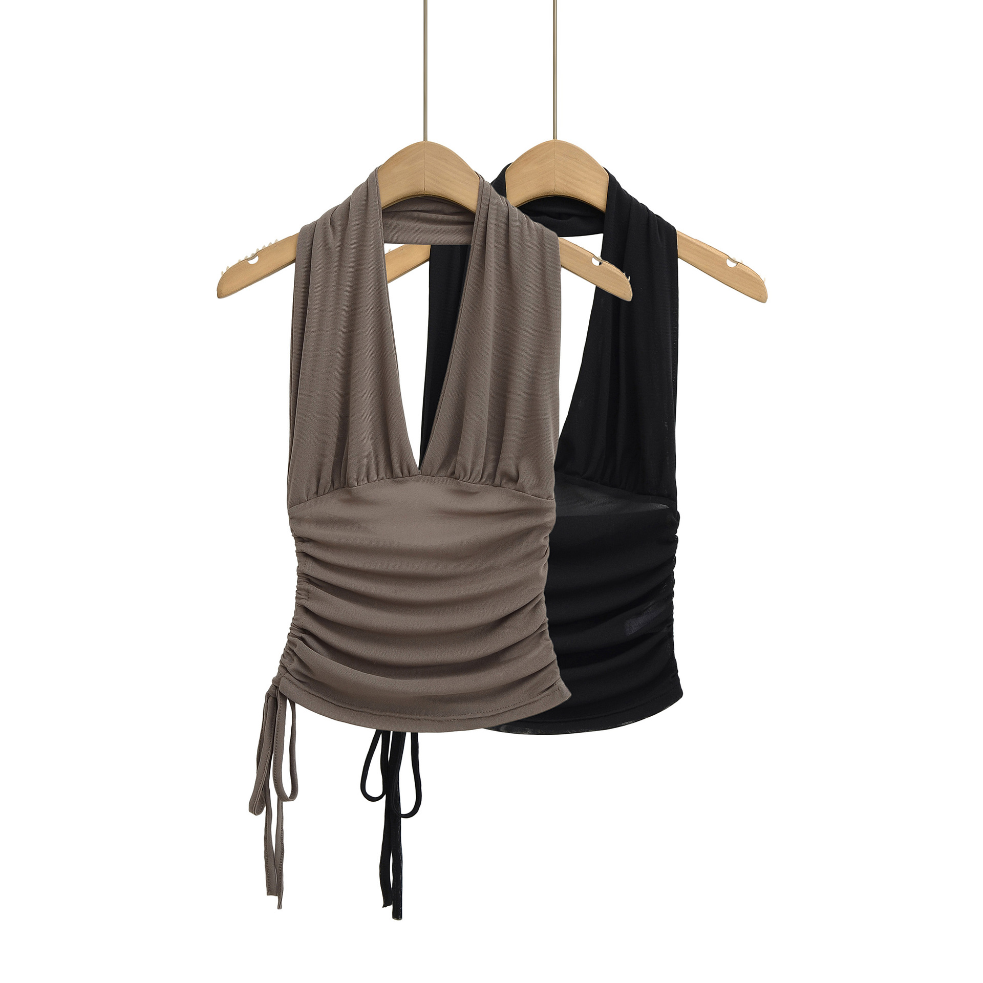 Halterneck Backless Camisole for Women 2025 Summer Hot Girl Design Deep V Neck Pleated Waist Mesh Top