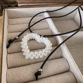 韩国东大门代购 高级小众设计 简约黑绳可调节珍珠大爱心项链