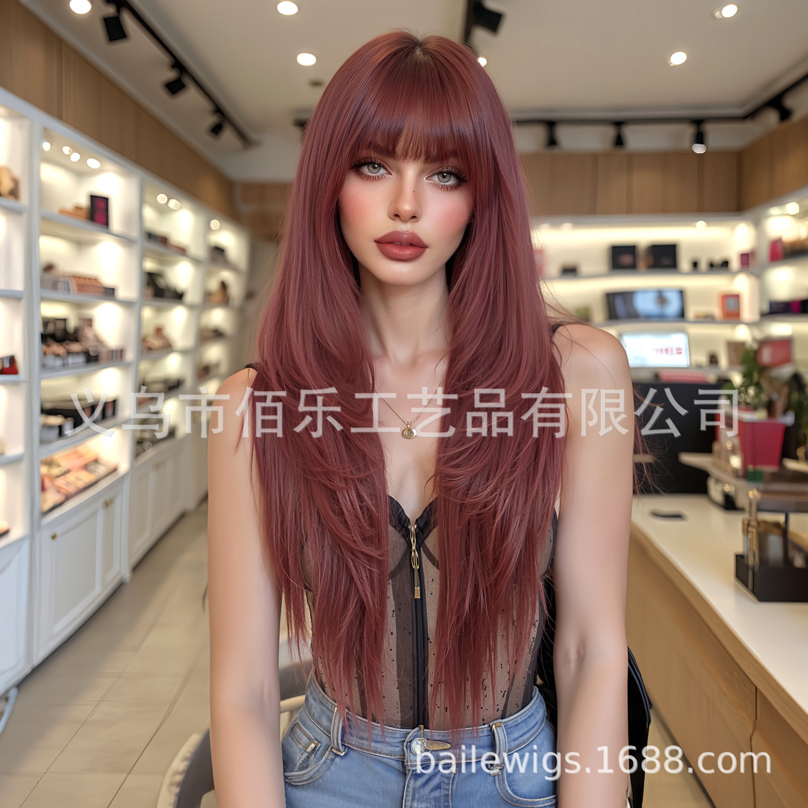 Rojo vino pelucca europea y americana Qi Liuhai capas de cabello largo recto mujer cabeza completa fábrica al por mayor en stock de cabello