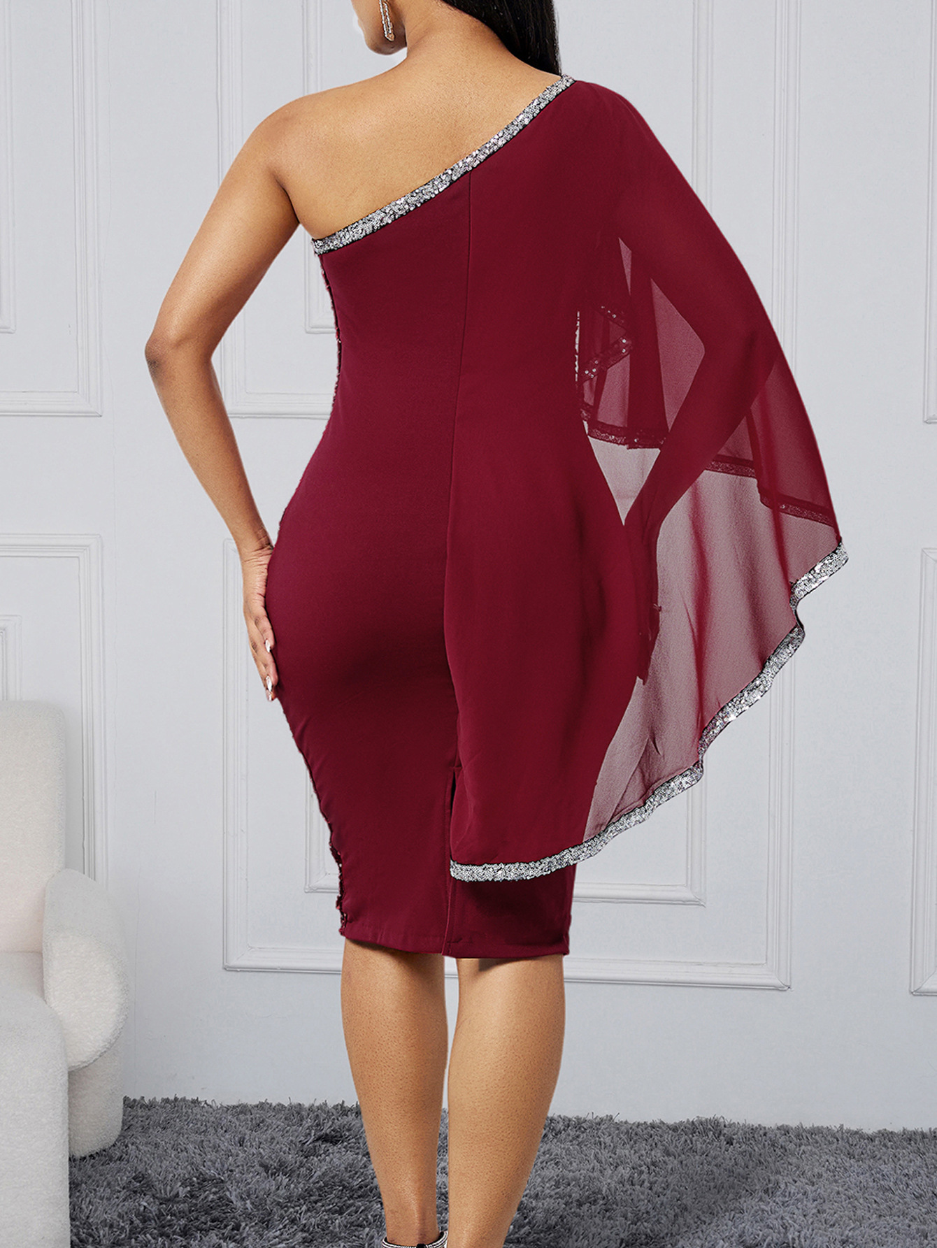 Above Knee Dress Length Type Wholesale Sexy Zipper Solid Color Banquet Adult Ceremony One-shoulder Style Sleeveless Sequin Dress Formal Dress/Evening Dress