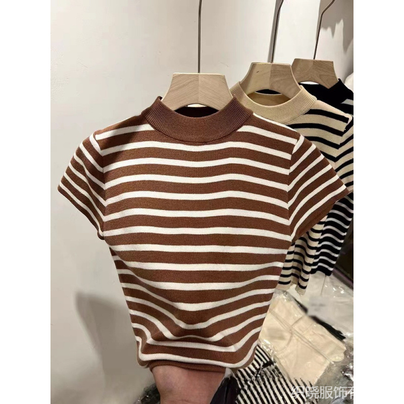 2023 Autumn New Half-high Collar Striped Base Sweater Women's Slim-fit Slimming Short-sleeved Ice Silk Shoulder T-shirt
