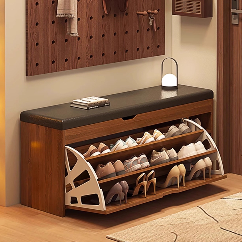 Shoe-Changing Bench for Home Entrance, Light Luxury High-End Feel, Wall-Mounted Soft Cushion, Sit-Down Storage Integrated Flip Shoe Cabinet